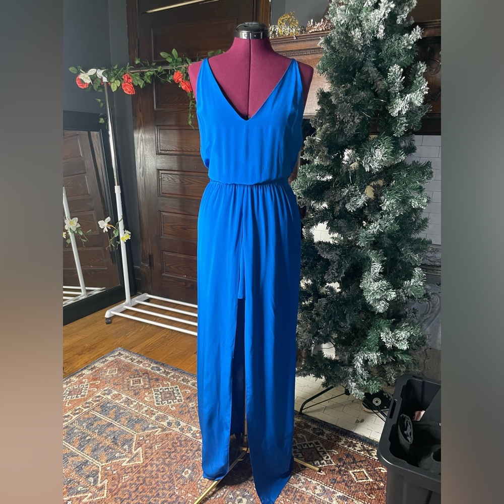 Blue silky open slit front dress